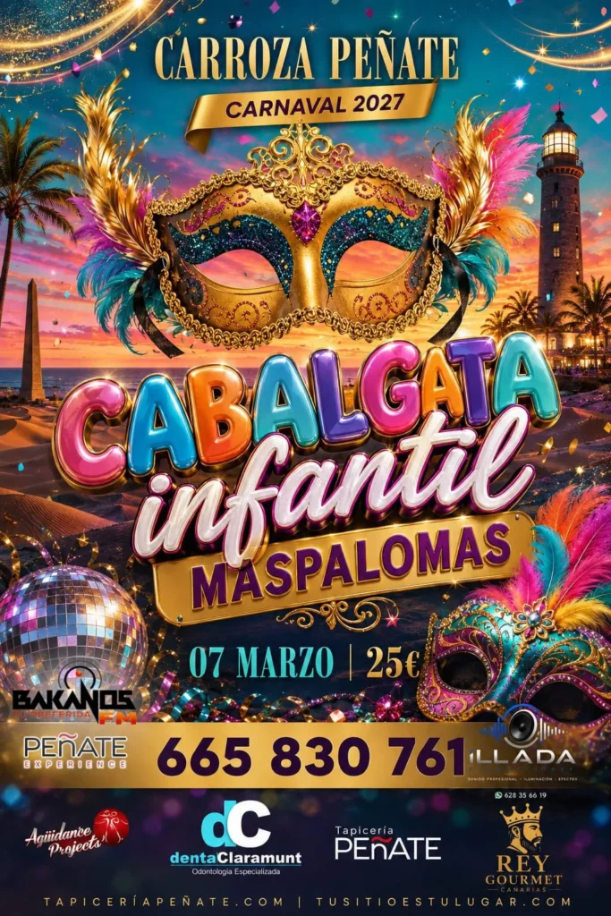Cartel de la carroza Peñate en la Cabalgata infantil de Maspalomas 2027, 7 de marzo