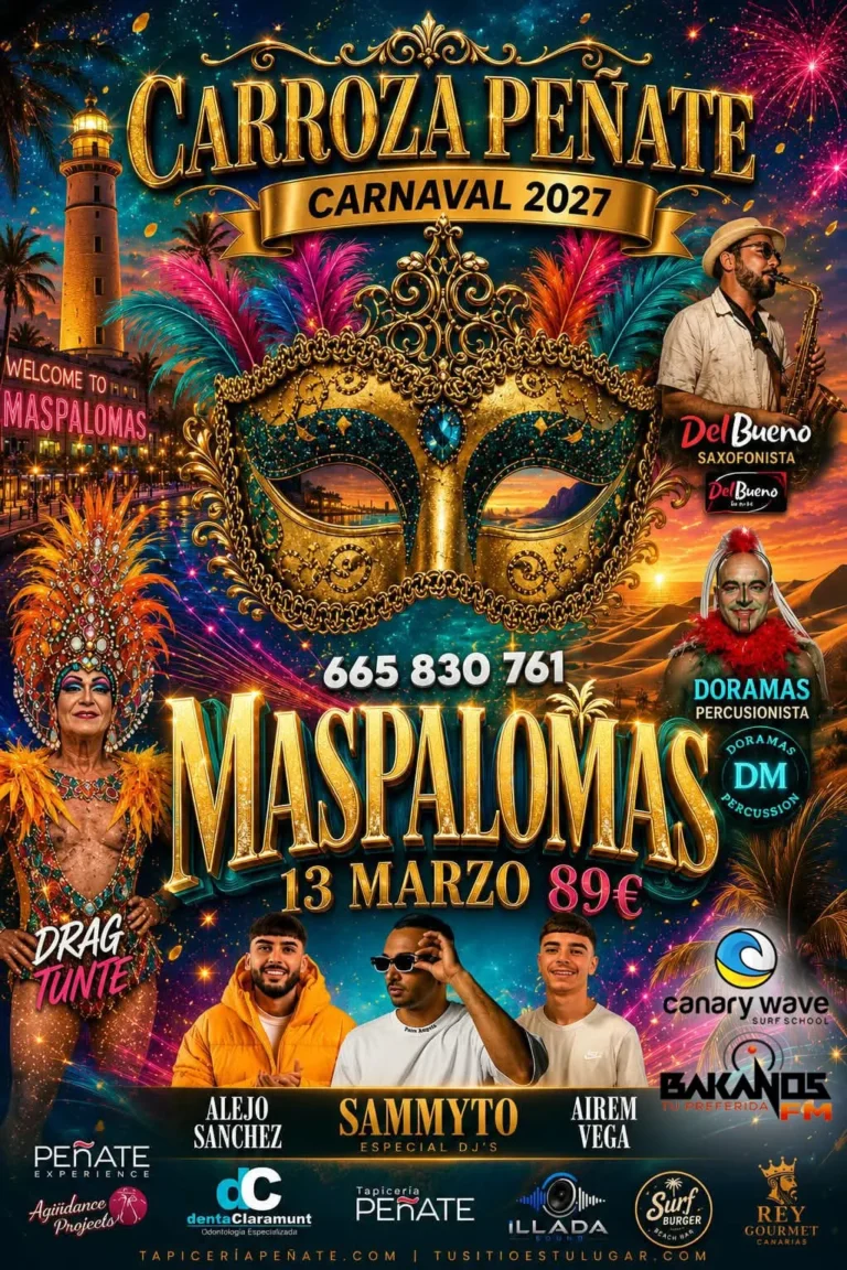 Cartel de la carroza Peñate en el Carnaval de Maspalomas 2027, 13 de marzo
