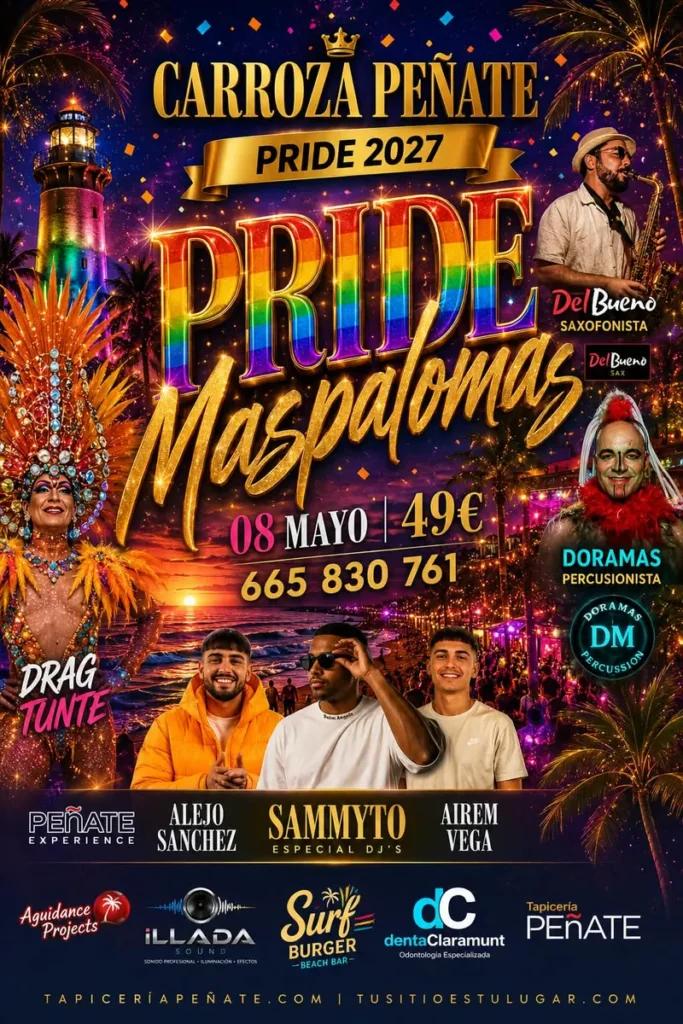 Cartel de la carroza Peñate en el Pride de Maspalomas 2027, 8 de mayo