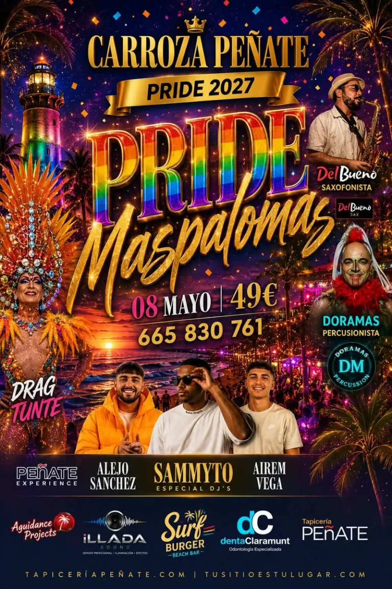 Cartel de la carroza Peñate en el Pride de Maspalomas 2027, 8 de mayo